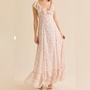 Altar'd State Blush Floral Ruffle-Trim Maxi Dress
